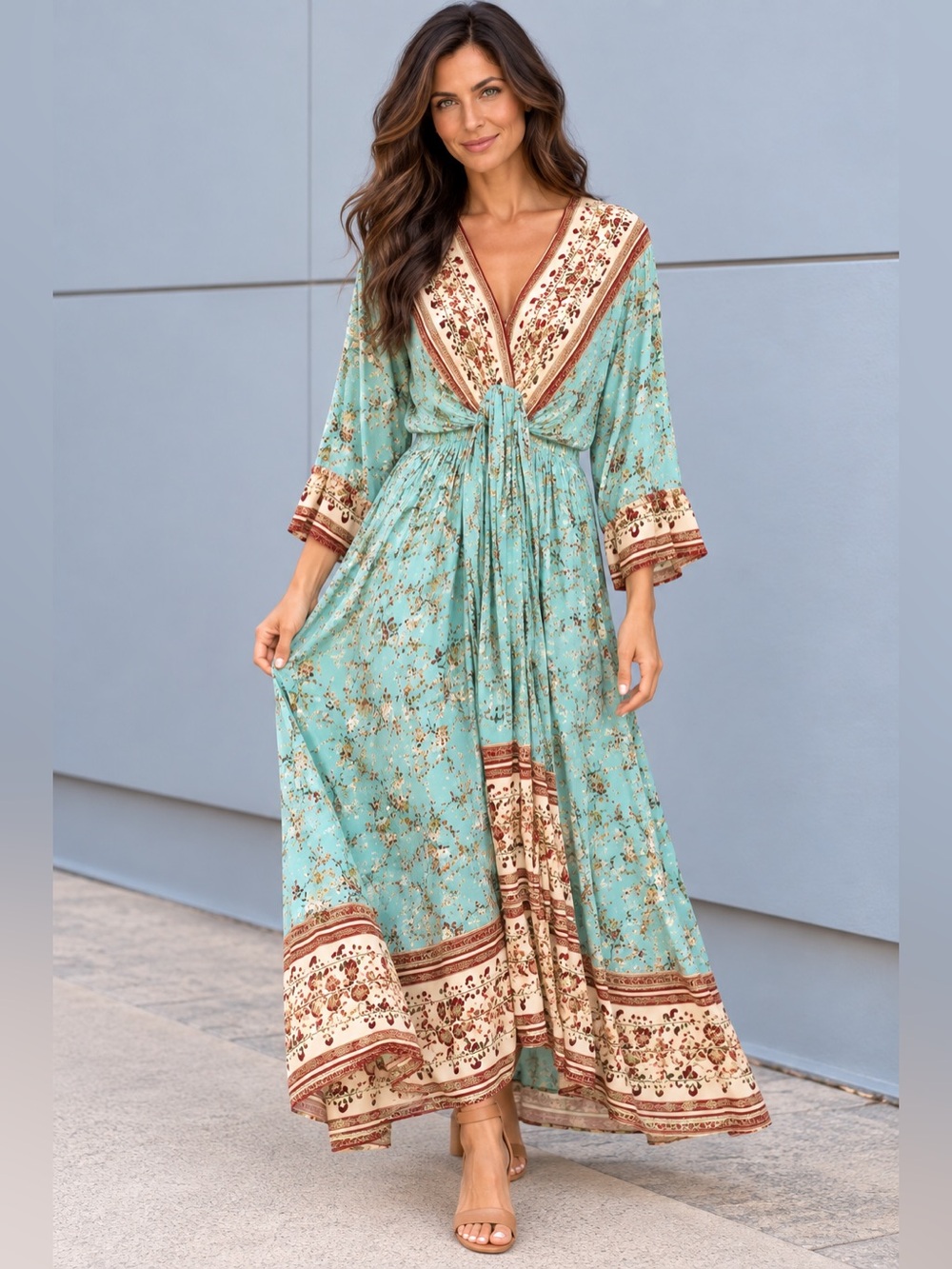 UMGEE XL Boho Floral Border Print Maxi Dress 100% Rayon Turquoise Aqua & Cream